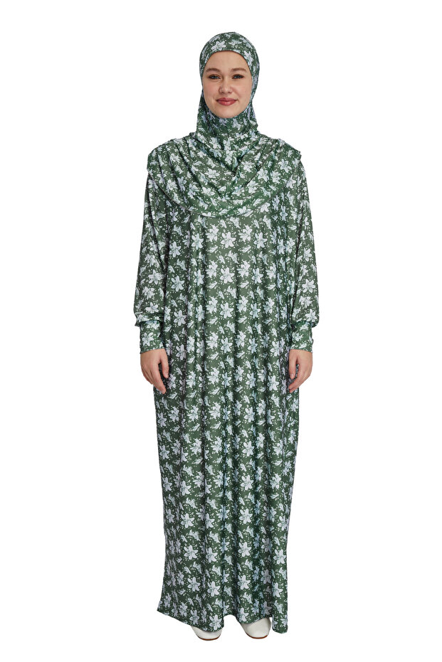 Magnolia Patterned Self Hijab Prayer Dress - Batwing Sleeves, No Zipper, Four Seasons - Khaki