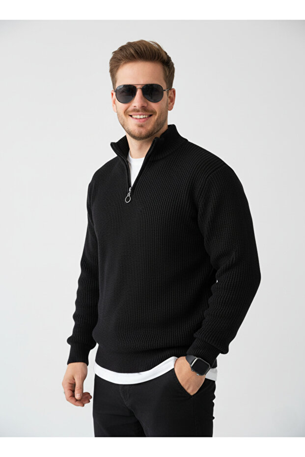 Black Knitwear Half Zipper Thick Sweater