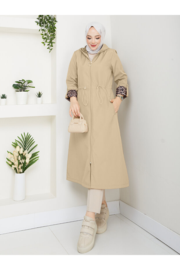 Leopard Printed Li Bondit Fabric Hooded Hijab Trench Coat with Elastic Waistband Rc1205010