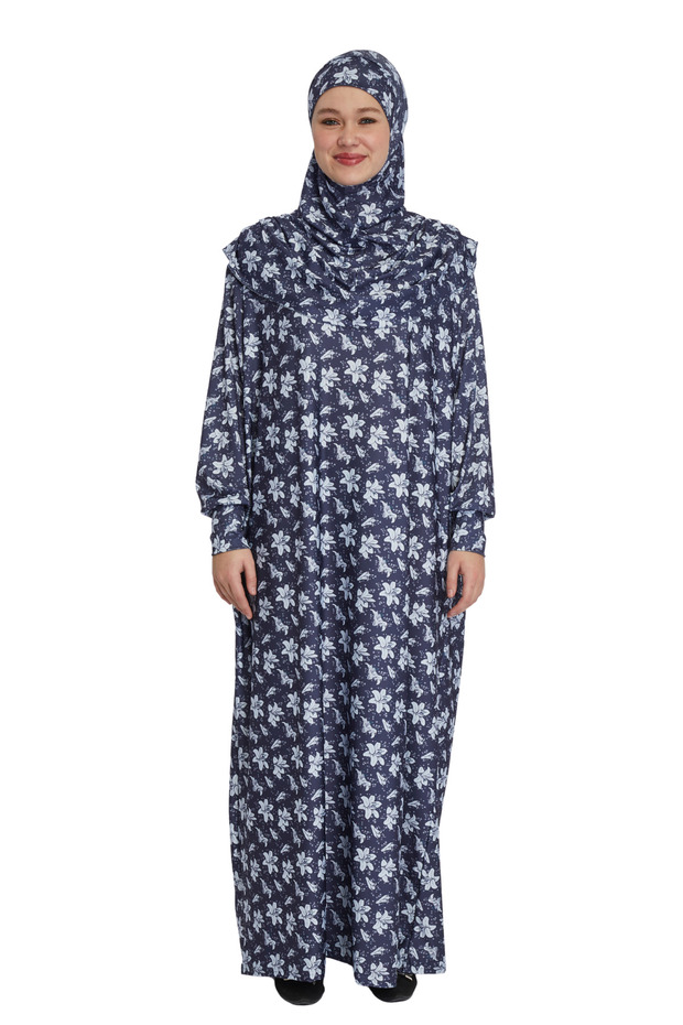 Magnolia Patterned Self Hijab Prayer Dress - Batwing Sleeves, No Zipper, Four Seasons