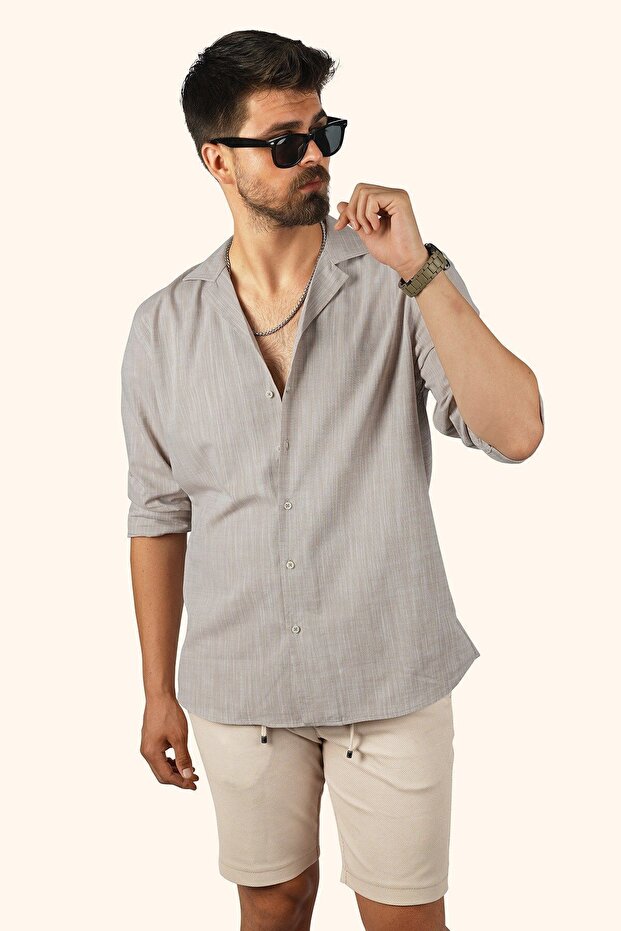 Milky Brown Linen Apaj Collar Relax Fit Men's Shirt
