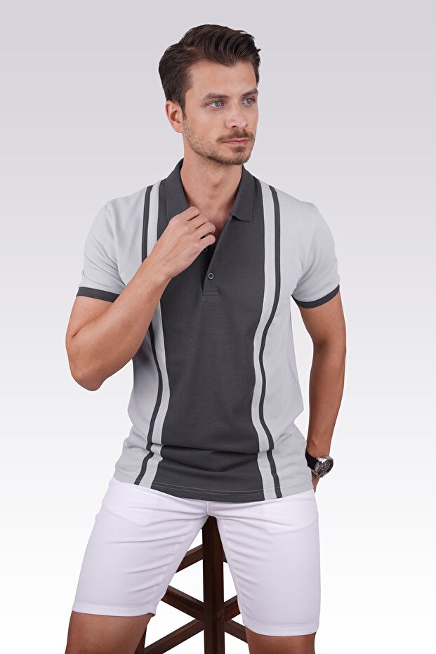 Smoked Gray Double Color Men's Polo Neck T-Shirt