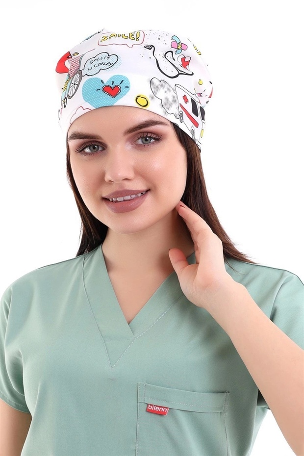 Digital Unisex Patterned Bonnet - 6503 White Stethoscope