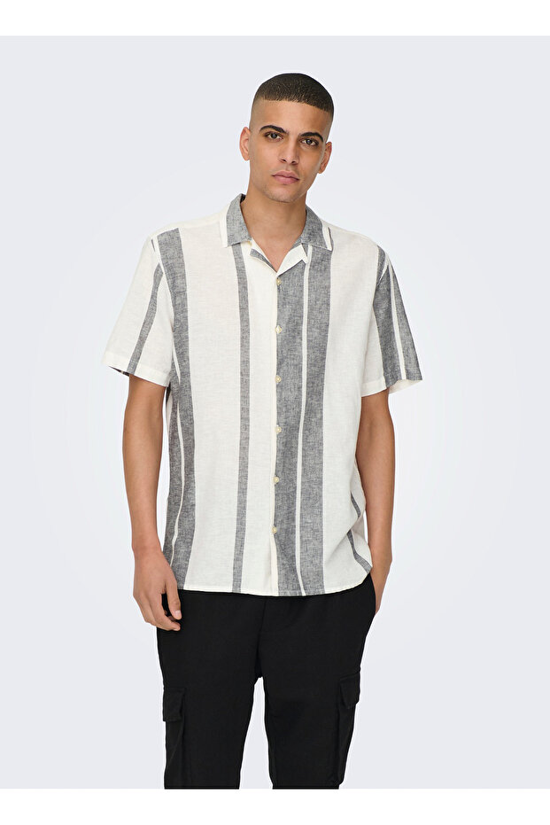 White Striped Men's Shirt - ONSCAIDEN SS STRIPE LINEN RESORT SH