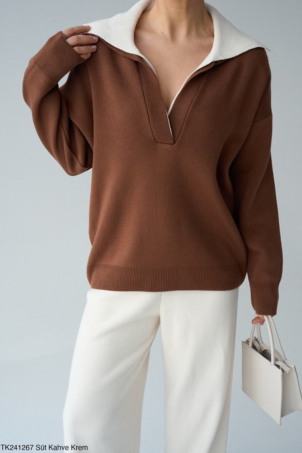 Women's Brown V-Neck Knitwear Blouse