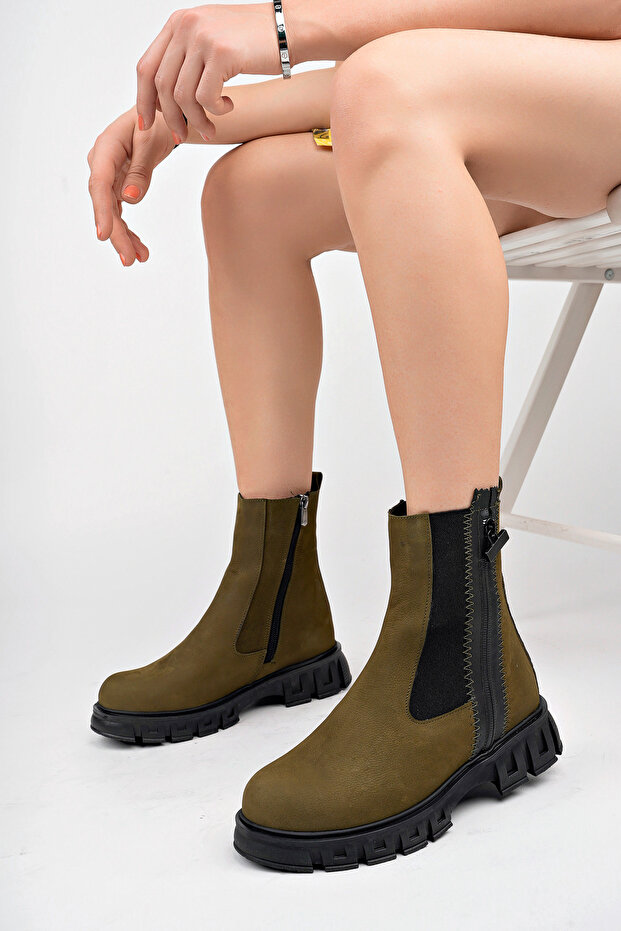 Genuine Leather Khaki Nubuck Women's Leather Boots Dp73-6001
