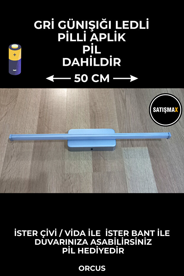 Modern Kablosuz Tak Çalıştır Ledli Pilli Aplik Banyo Tablo Ayna Aydınlatma (50CM) Gri Pil Dahildir - 1