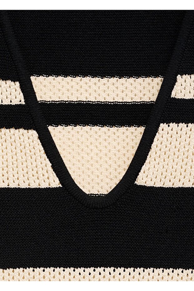 V yaka çizgili triko bluz - 5