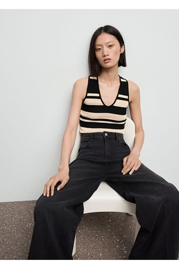 V yaka çizgili triko bluz - 1