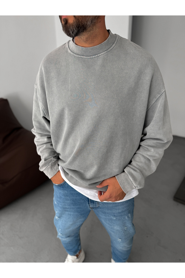 Açık Gri Yıkamalı Basic Sweatshirt DF-2065 - 3