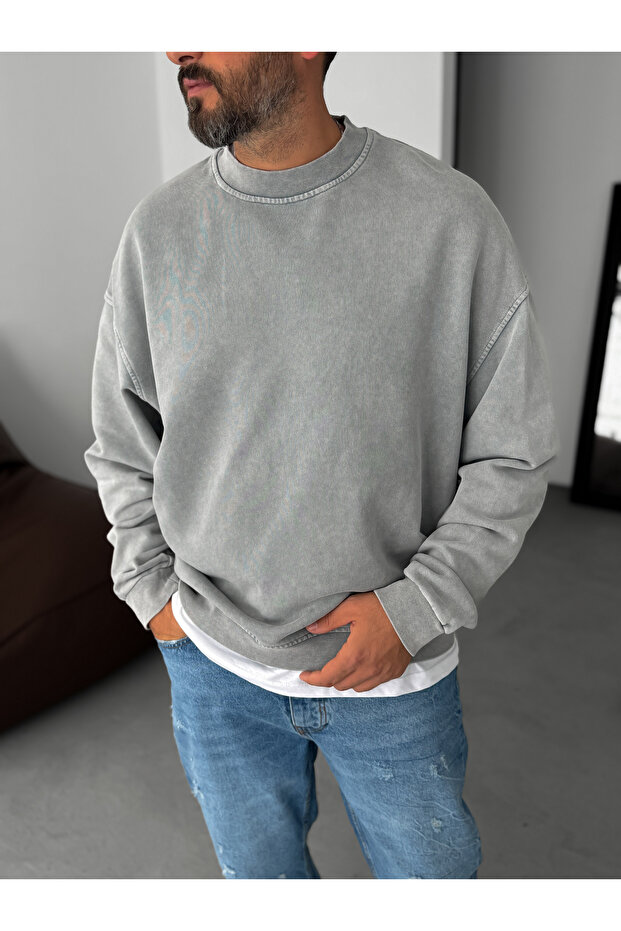 Açık Gri Yıkamalı Basic Sweatshirt DF-2065 - 1
