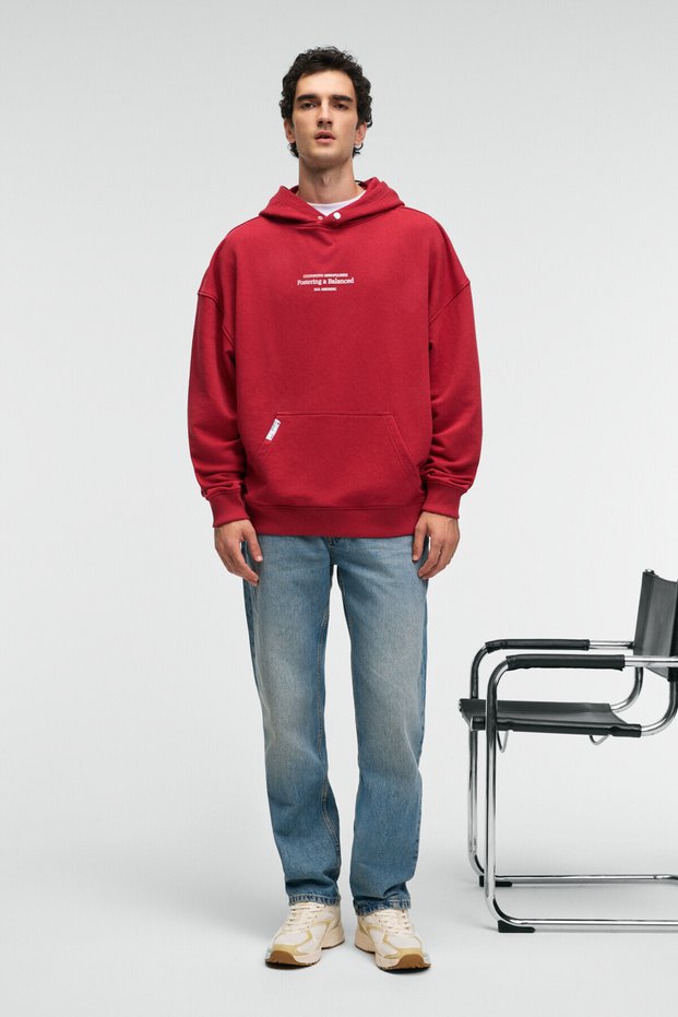 Clay Men's 100% Cotton Hooded Snap Fastener Printed Pocket Ornamental Label Red Sweatshirt