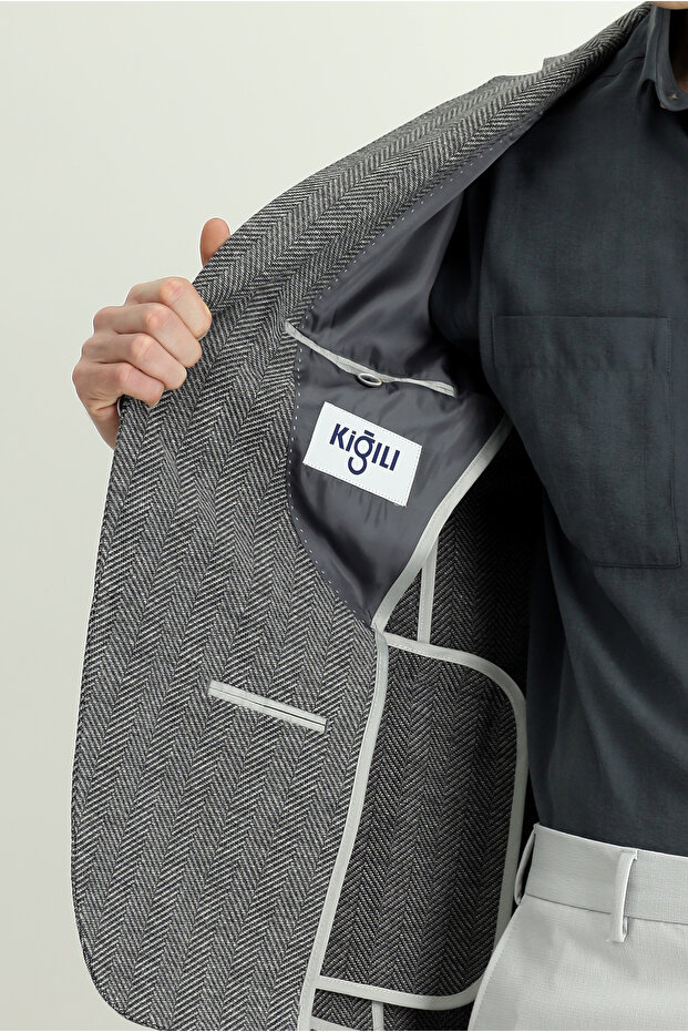 Regular Fit Woolen Herringbone Jacket - 6