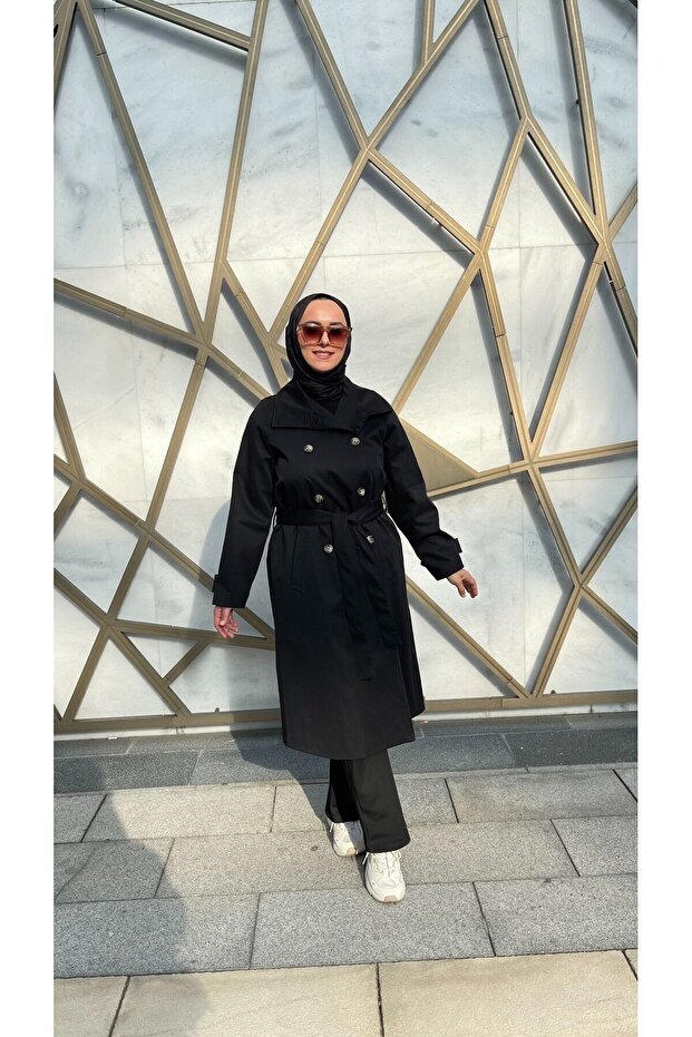 Berre Lined Collar Detailed Long Buttoned Trench Coat with Detachable Belt