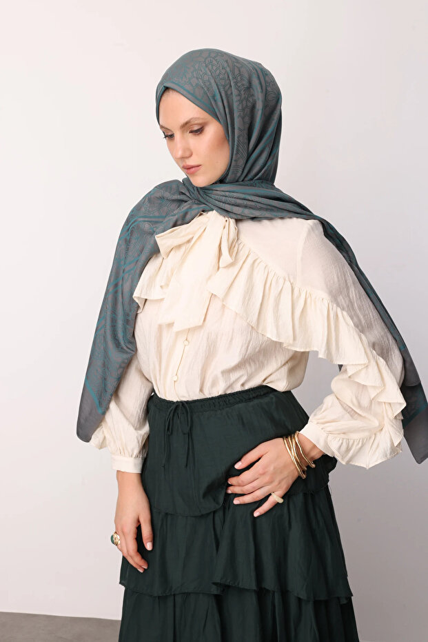 Lavin Pattern Reversible Shawl, Dark Grey-Emerald - 2