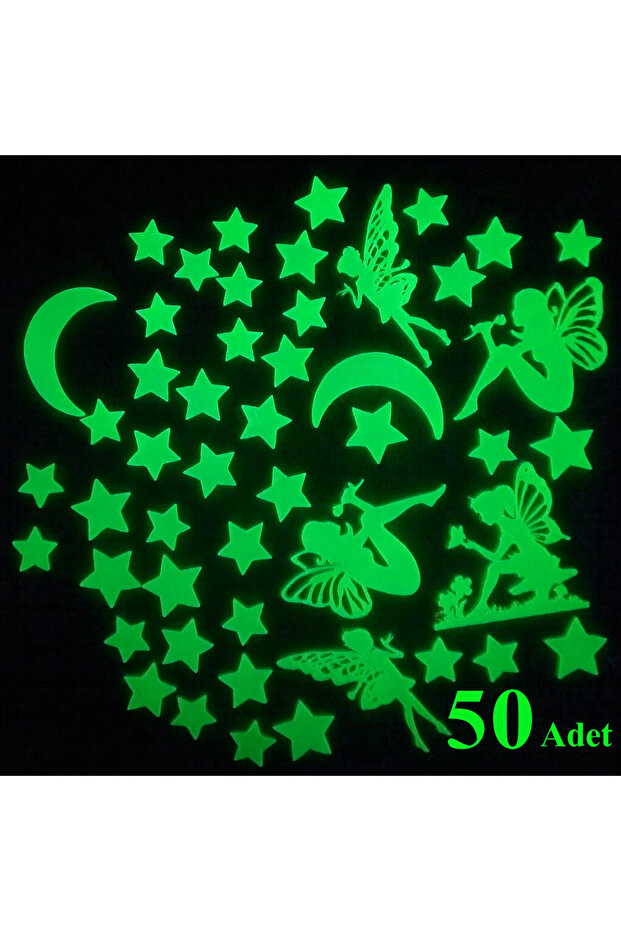 Karanlıkta Parlayan Fosforlu Periler ve Yıldızlar Tavan Oda Duvar Süsü 50 Adet - 1
