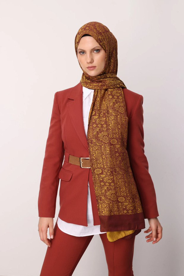 Henna Pattern Double-Sided Shawl Plum-Yellow - 3