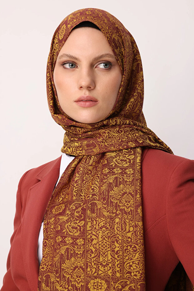 Henna Pattern Double-Sided Shawl Plum-Yellow - 4