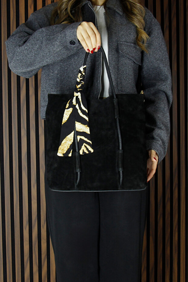 Black Genuine Cowhide Suede Large Size Daily Shoulder Bag with Magnetic Closure, Zippered Inner Pocket and Strap