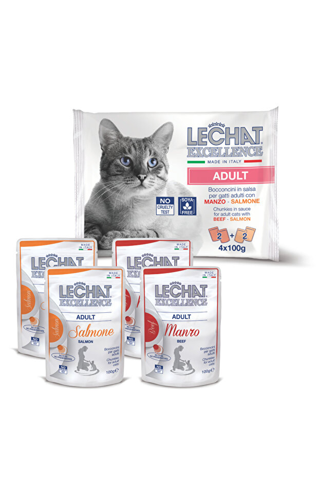 Cat Wet Flow Pack ADULT beef/salmon - Pack of 4x 100g Pouches - Lechat Excellence by Monge