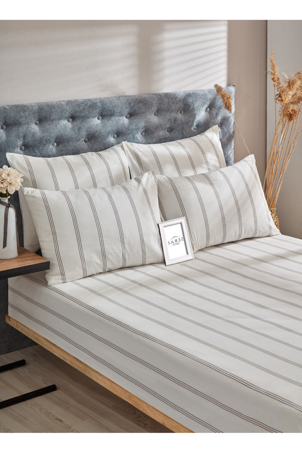 Ecru Striped Pattern Double Size Battal Size Elastic Sheet Set - 1