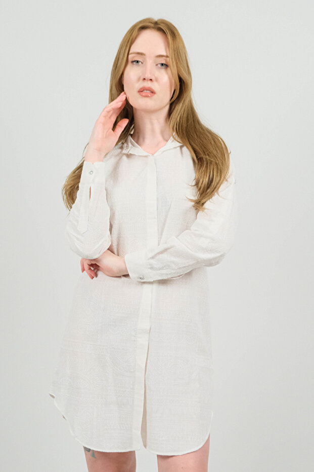 Linen Flock Textured Long Sleeve Relaxed Fit Ecru Shirt Tunic