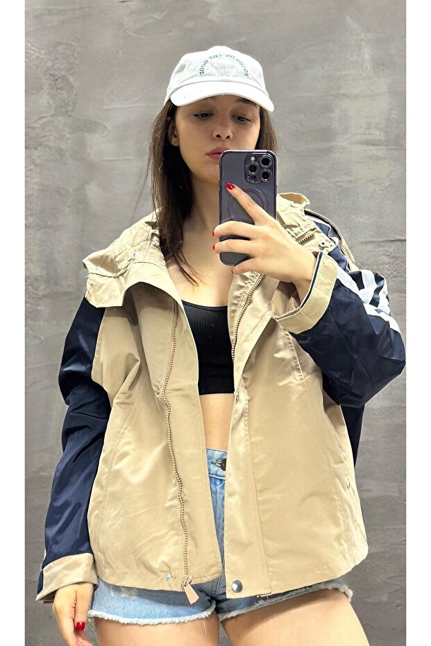 Oversize Şeritli Parka Kadın Yağmurluk - 6