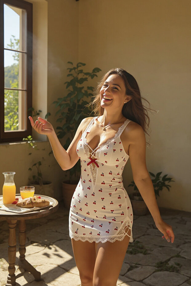 White Nightgown with Thin Straps Pattern - 2