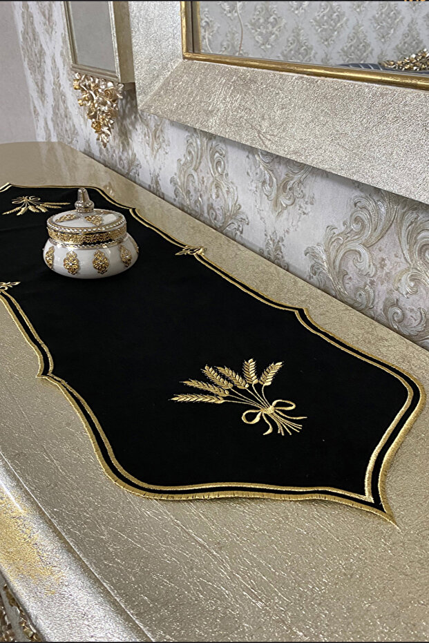 Başak Kadife Özel Nakışlı Runner-Siyah/Gold - 1