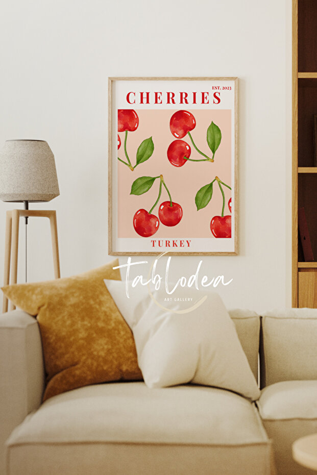 Kiraz Desenli Modern Mutfak Dekoru Çerçeveli Poster Tablo, Minimalist Dekoratif Bohem Mutfak Tablosu - 3