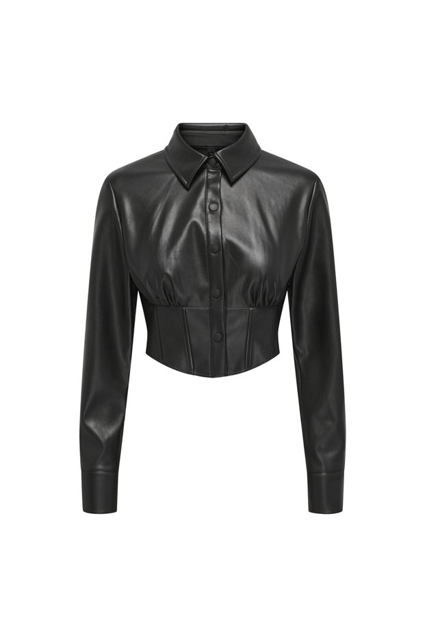 Skinny Shirt Collar Solid Black Women's Shirt ONLMIA FAUX LEATHER SHIRT OTW