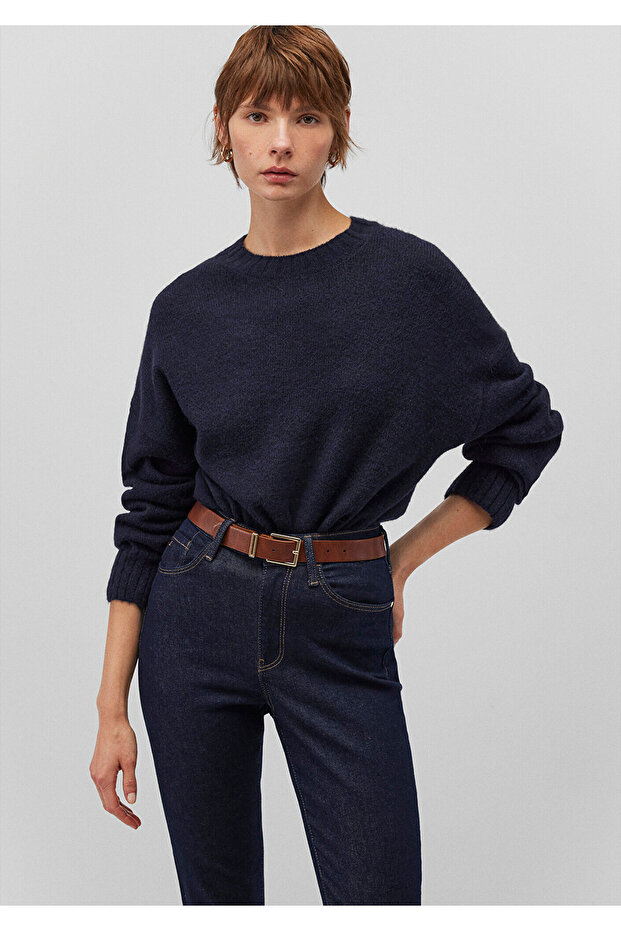 Alpaca Blend Crew Neck Navy Blue Sweater Loose Fit / Relaxed Fit 1710517-83699