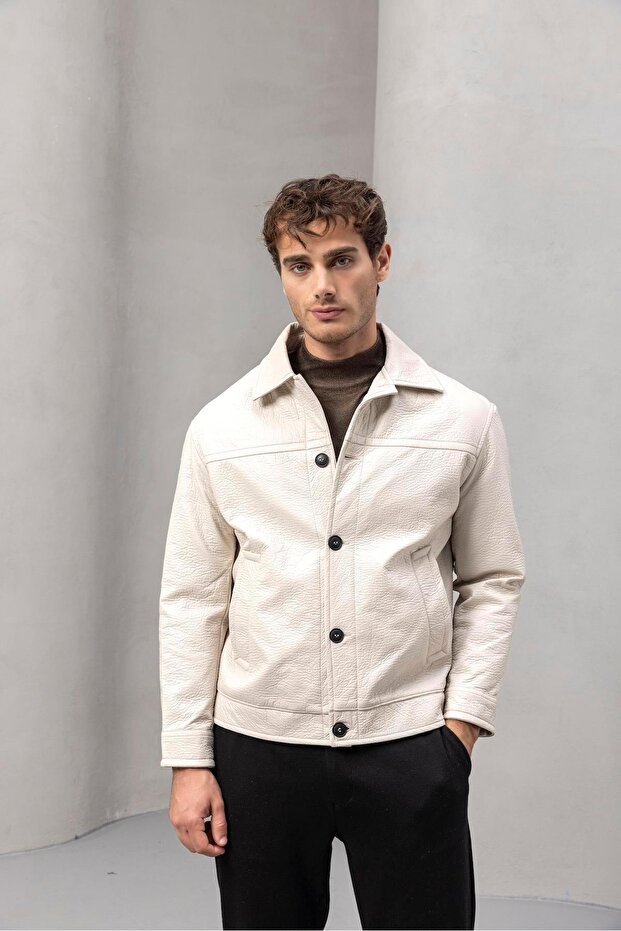 Denzel Buttoned Side Pocket Leather Look Men's Jacket - Beige