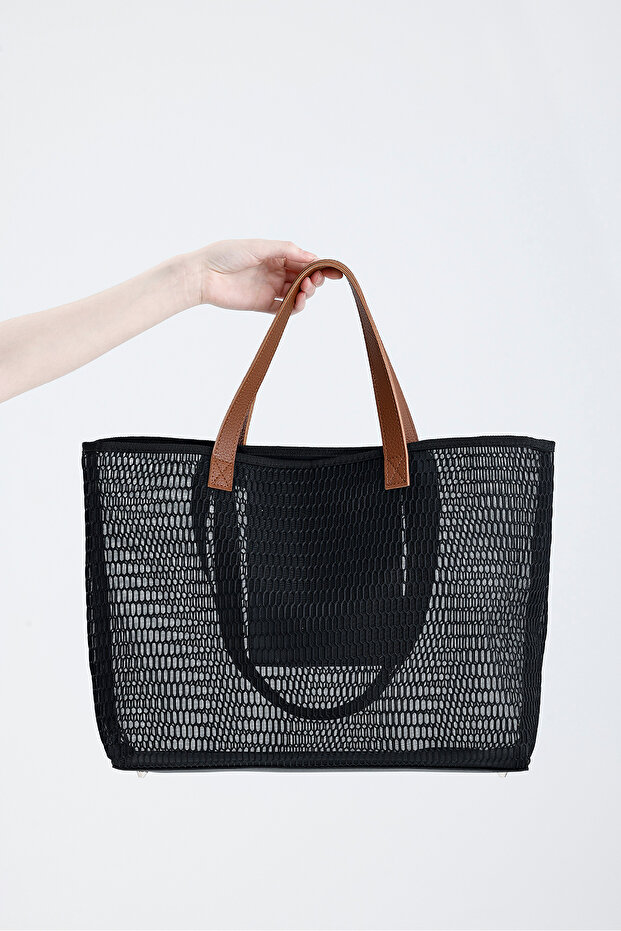 Women's Black Honeycomb Pattern Transparent Large Size Beach and Shopping Shopper Tote Shoulder Bag