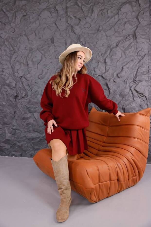 Women's Skirted 3-Thread Pleated Skirted Tracksuit Sweatshirt Set
