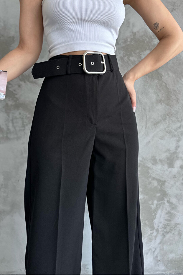 Μαύρο γυναικείο παντελόνι Palazzo με ψηλή μέση ζώνη - φαρδύ πόδι - 2