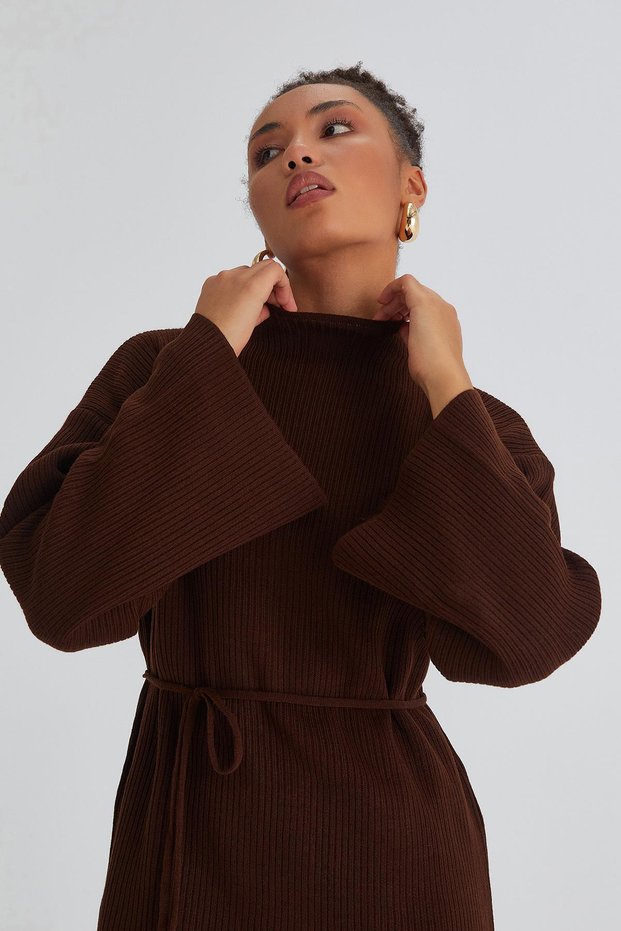 String Belted Knitwear Dress Bitter Brown