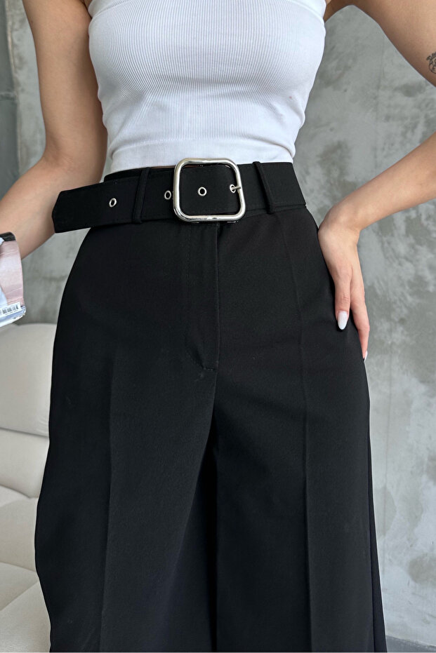 Μαύρο γυναικείο παντελόνι Palazzo με ψηλή μέση ζώνη - φαρδύ πόδι - 6