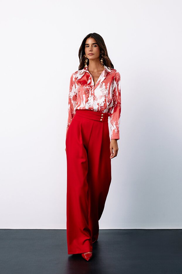 قميص فضفاض منقوش - أحمر - 4