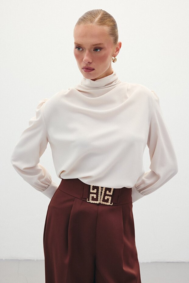 Drape Detaylı Bluz - Bej - 5