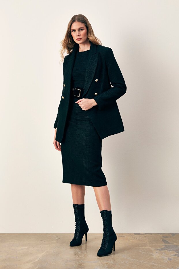 Sleeveless Long Tweed Dress - Black