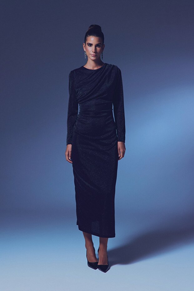 Simli Midi Elbise - Siyah - 1