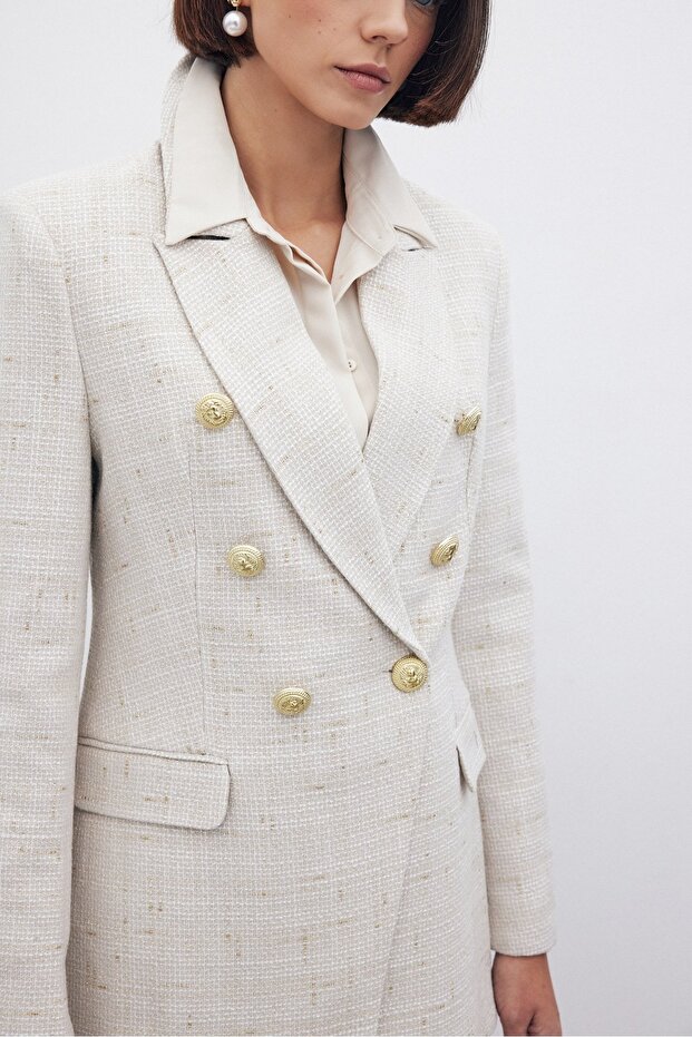 Simli Uzun Ceket - Taş - 7