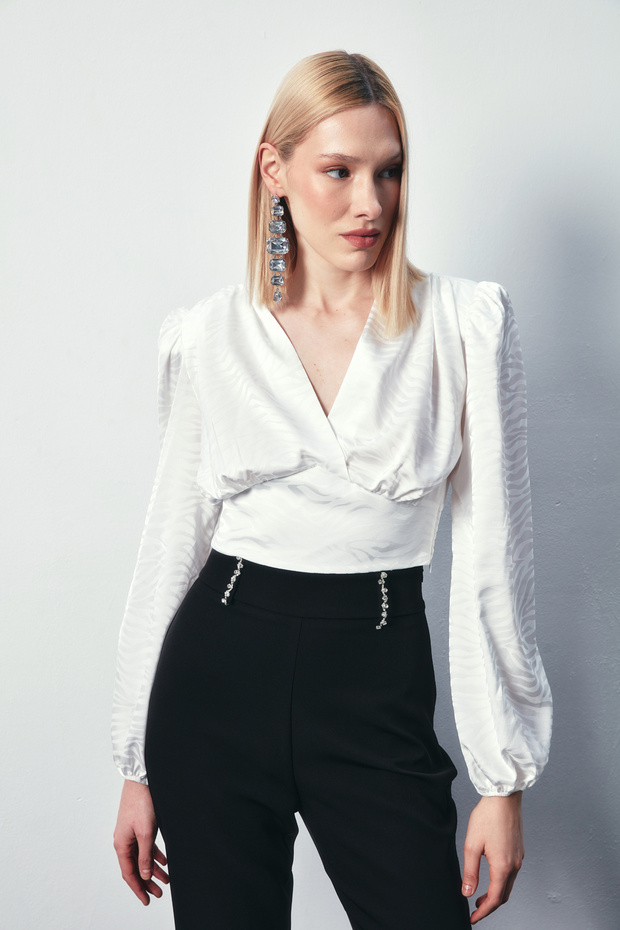 Patterned Double-Breasted Satin Blouse - Ecru - 3