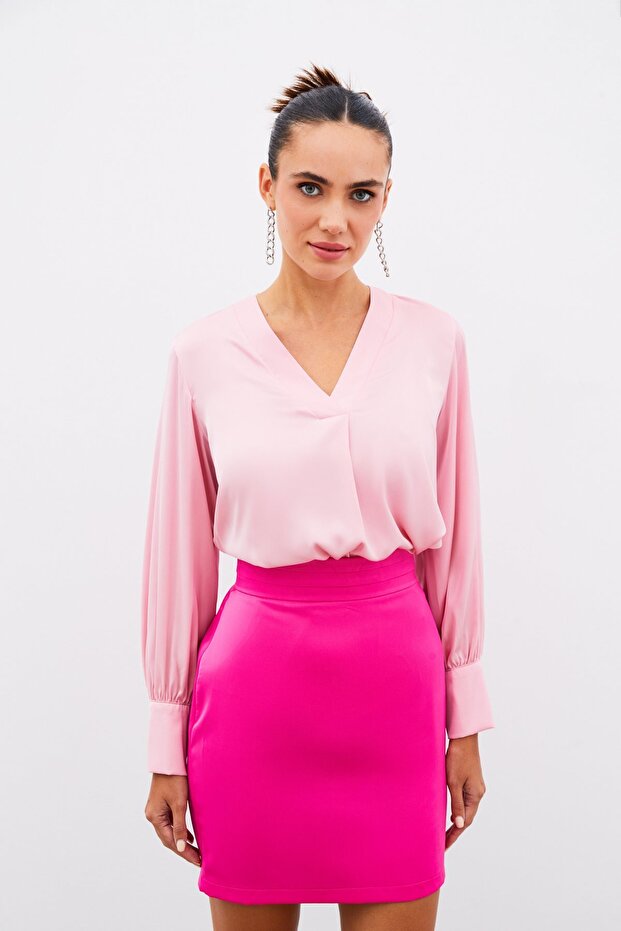 V-Neck Satin Blouse - Pink - 4