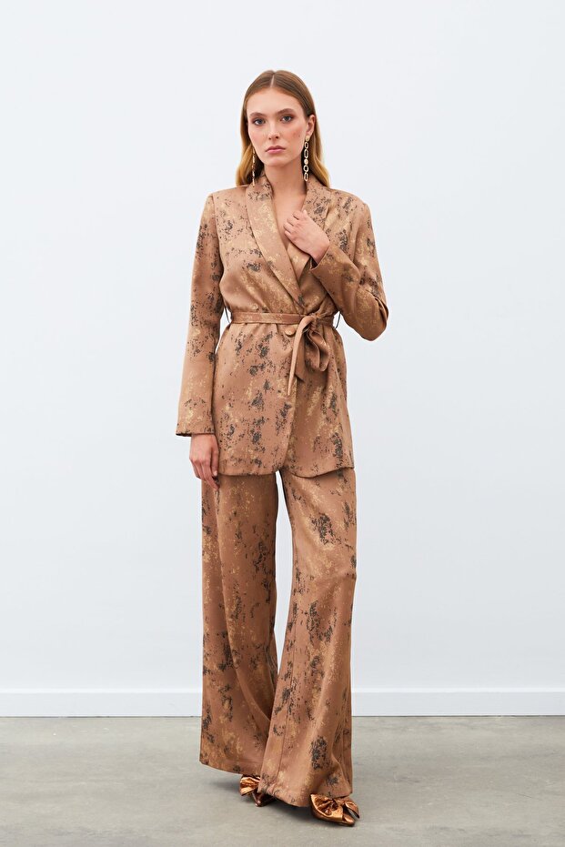 Shiny Patterned Casual Trousers - Brown
