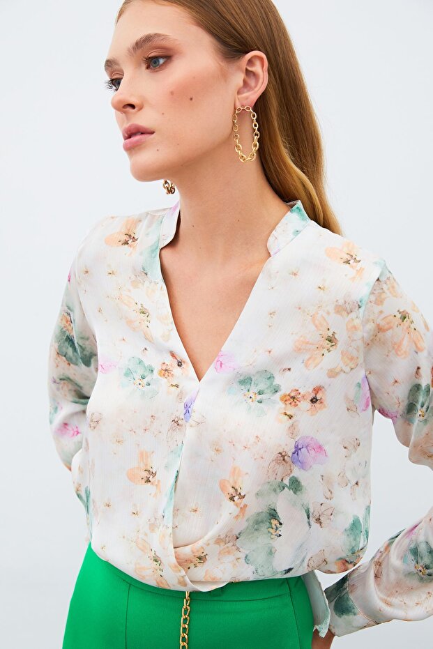 بلوزة مزدوجة الصدر منقوشة - أخضر تشاغلا - 4