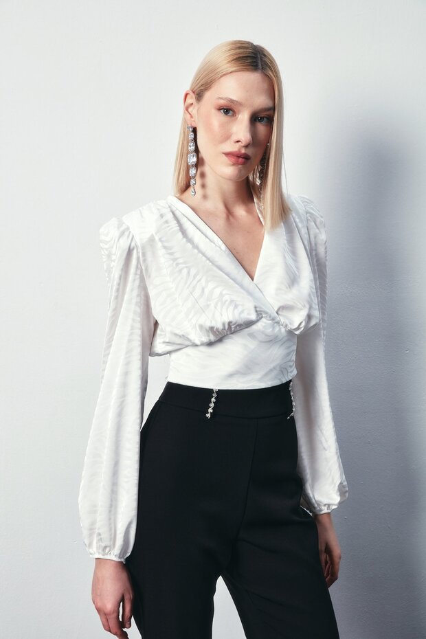 Patterned Double-Breasted Satin Blouse - Ecru - 2