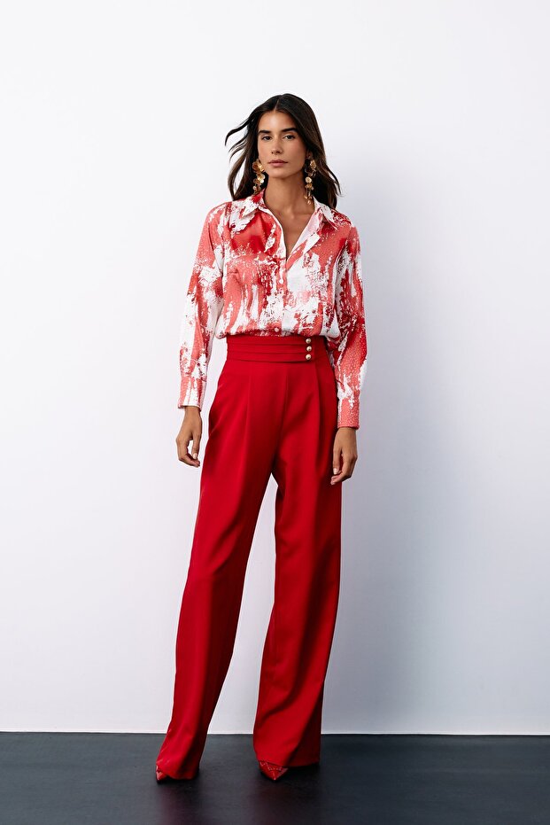 قميص فضفاض منقوش - أحمر - 3