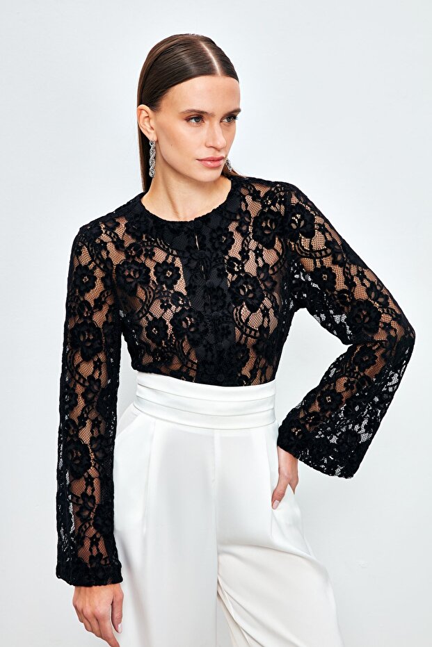 Dantelli Crop Bluz - Siyah - 5